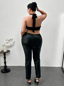 Firerie Damen Große Größen Lässig Elegant Urlaubs Vielseitig Einfach Elastisch Glänzend Chiffon Drapierte Hals Metall Dekor Trägerhemd mit abnehmbaren Ärmeln, Frühling/Sommer/Frühherbst - Schwarz - Übersicht 4