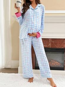 SHEIN 2pcs Maternity Casual Loose Long Sleeve Top And Pants Set,Maternity Pjs ,Loungewear,Nightgown,Sleepwear Set Plaid Pajamas Women Nightwear Maternity Sleepwear Sleep Wear Women Bow Print Pajama Set - Blue - View 6