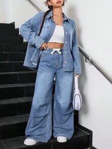 SHEIN 2pcs/Set Teen GirlBlue Denim Loose Shirt And Pants, , Two Piece Denim Set, Wide Leg Denim Set, Denim Outfit Women, Blue Two Piece Set, Fall Winter