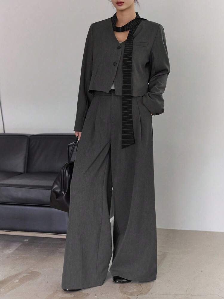 Women's Colorblock Striped Lapel Tie Splice Fashionable Design Flared Short Blazer And Wide Leg Pants Casual Suit