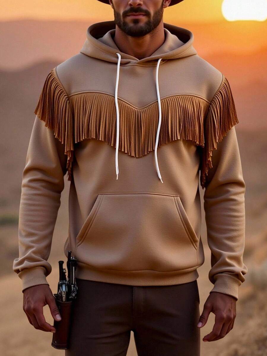 Manfinity Nomadique Men's Fringe Trim Drawstring Hooded Pocket Long Sleeve Casual Sweatshirt Western Hoodie Fringe Hoodie Mens Hoodie, Western Hoodies Men, Light Brown Hoodie, Fringe Hoodie, Western Clothes