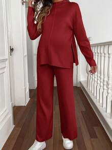 SHEIN Maternity Casual Solid Color Knitted Sweater And Pants Set, Autumn/Winter