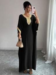 Elenzga Women's Loose Fit V-Neck Batwing Sleeve Dress With Applique Decor, Elegant