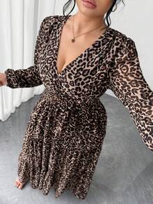 Elenzga Plus Size Women Elegant Chiffon Leopard Print V-Neck Long Sleeve Dress, Suitable For Dates And Outings