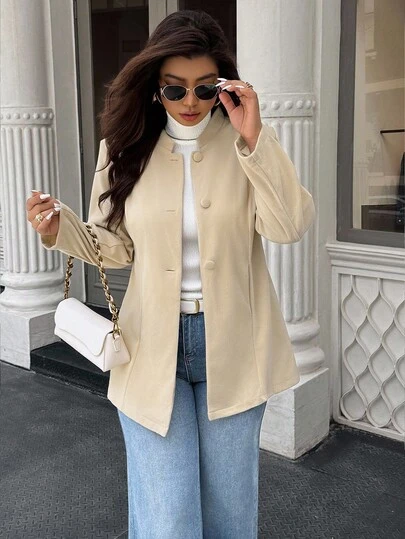 SHEIN PETITE Áo khoác blazer cổ đứng tối giản cỡ lớn, cài một hàng khuy