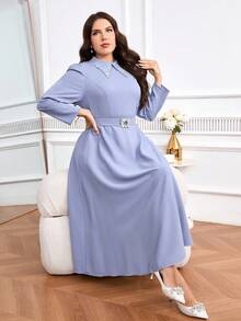 Modelyn Plus Size Women's Rhinestone Embellished Puff Sleeve Pointed Collar Elegant Dress - Blue - View 6
