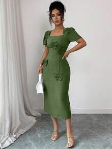 Elenzga Women's Elegant Commuter Solid Color 3D Floral Decor Mid-Length Dress - Army Green - View 7