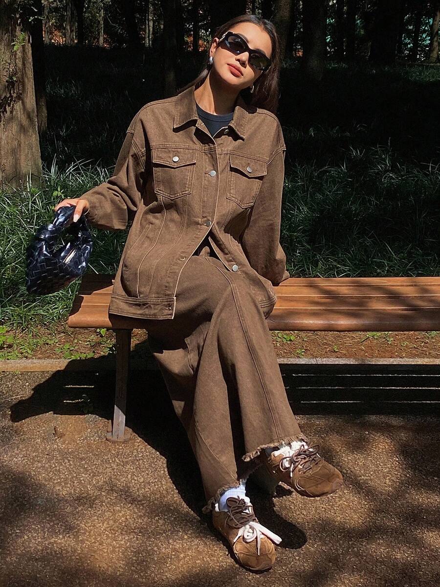 DAZY Western Cowgirl Distressed Washed Loose Long Sleeve Collared Shacket, Straight Skirt Casual Street Style Set For Women, Autumn/Winter - Coffee Brown - View 1