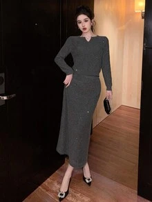 2 件宽松亮片毛衣和裙子套装，柔软舒适 - 深灰色 - 查看 7