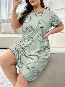 Plus Size Women Leopard Print Heart Graphic Ruffle Trim Round Neck Short Sleeve Nightgown, Moo Moo Night Dress