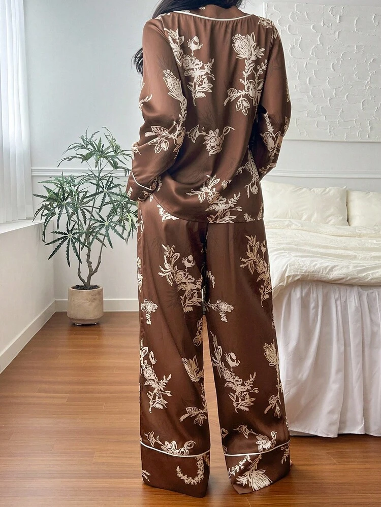 Chinese Style All-Over Print Lapel Women Pajama Set, Fall Clothes