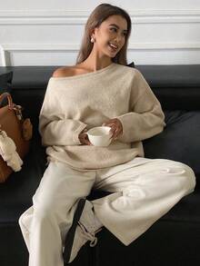 DAZY 女士纯色宽松长款灯笼袖圆领露肩休闲针织毛衣，秋冬 - 杏色 - 查看 6