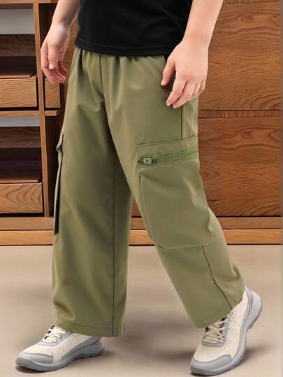 Genkimix Kids Genkimix 儿童男童纯色拉链口袋时尚军绿色工装裤，休闲装，适合春夏秋冬