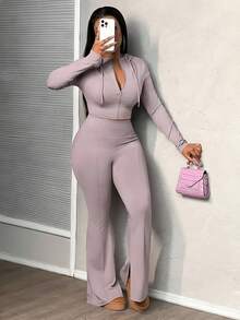 Slaydiva Conjunto de agasalho básico casual minimalista feminino 2 peças - jaqueta slim com zíper e capuz e calças flare de cintura alta - Roxo Empoeirado - Ver 6