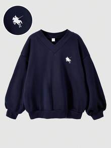 SHEIN Sudadera holgada de punto con cuello en V, hombros caídos y dobladillo acanalado, de unicolor y de felpa, cómoda para otoño/invierno - Azul Marino - Ver 3