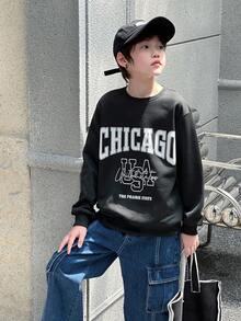 SHEIN Mirajuku Tween Boy Casual Sports Street Graphic Print Crew Neck Sweatshirt Chic Outfits For Autumn/Winter