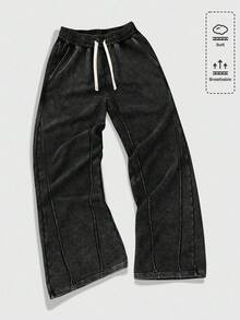 ROMWE MEN Men's Drawstring Waist Pockets Wide Leg Loose Casual Sweatpants - Black - View 1