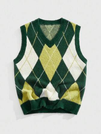 Prep Chaleco casual de punto de diamante para hombre, otoño