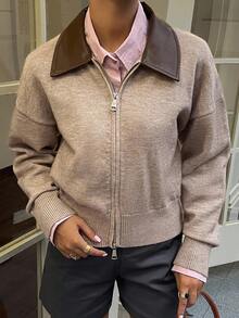 DAZY 女式休闲PU拼布拉链开衫，秋季 - 卡其色 - 查看 4