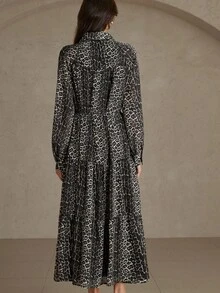 Aveloria Rosie Leopard Print Chiffon Shirt Collar Super Long Tie Waist Commuter Elegant Dress - Multicolor - View 2