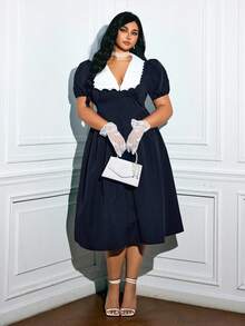Viva Relle Plus Size Women's Elegant Party Plain Casual Simple Decoration Button Midi Dress - Multicolor - View 6