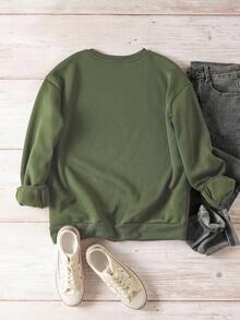EMERY ROSE Halloween Pumpkin Drink Graphic Casual Minimalist Print Loose Thick Crew Neck Long Sleeve Hoodie Sweatshirt, Suitable For Autumn & Winter, Plus Size Fall - Army Green - View 2
