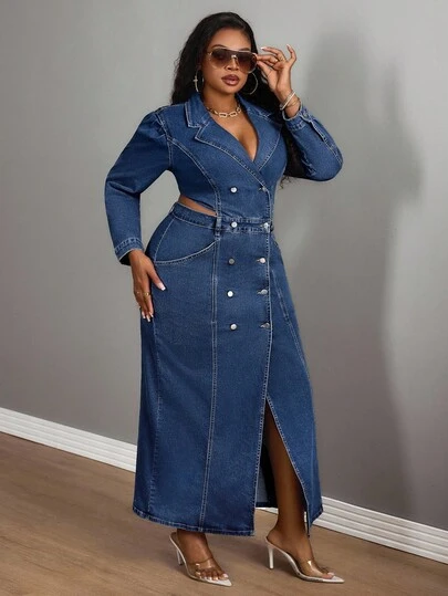 Slaydiva 大码女式时尚露肩西装领长袖连衣裙