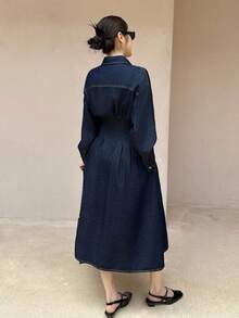 K-Vae 女装秋冬深色牛仔黑腰牛仔长裙，老款牛仔连衣裙，韩版，万圣节服装，别致秋季 - 深色水洗藍 - 查看 7