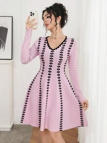 Modelyn Damen elegantes V-Ausschnitt Langarm Schleifenmuster Strickkleid, Herbst - Pink - Übersicht 1