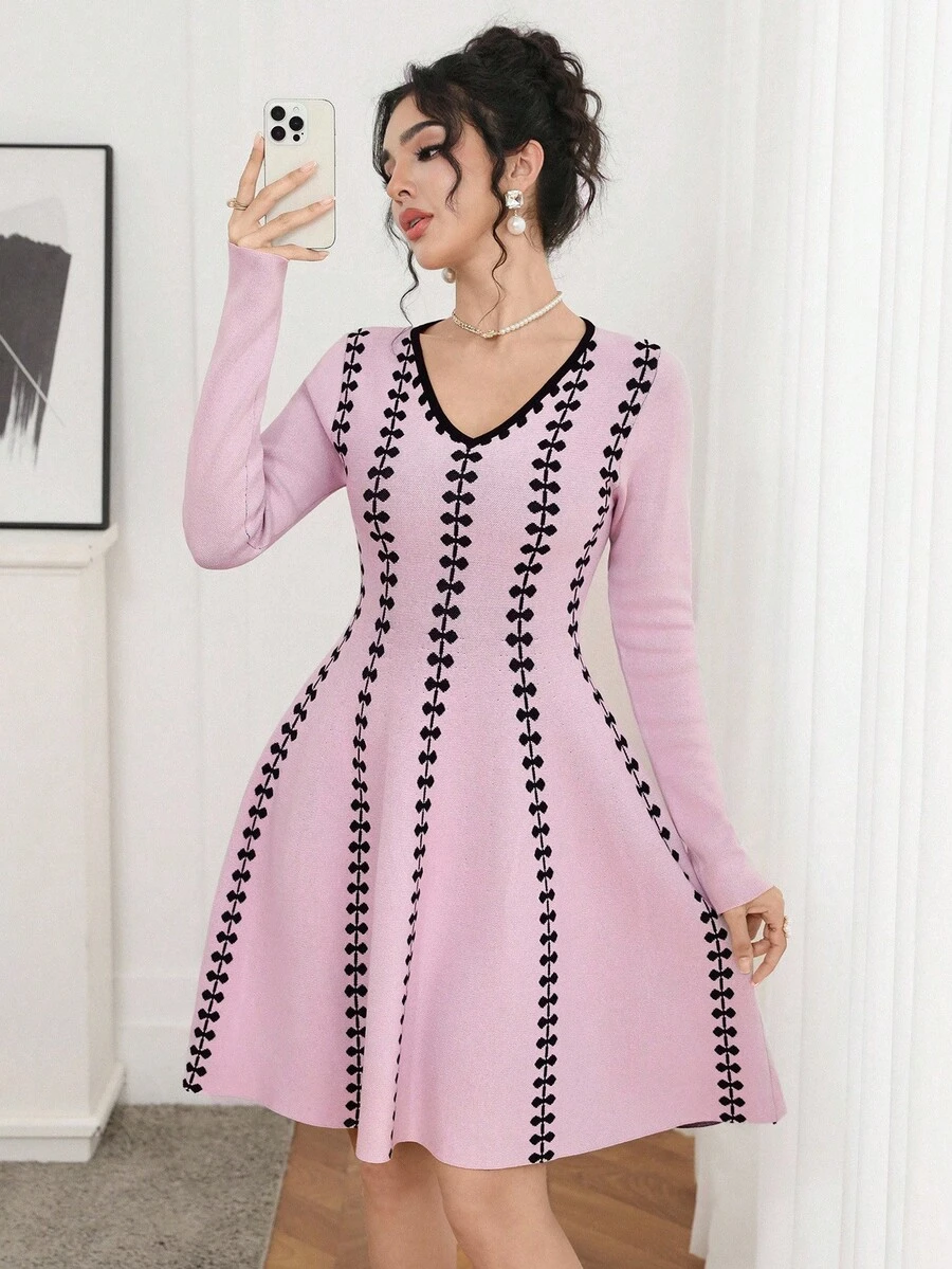 Modelyn Damen elegantes V-Ausschnitt Langarm Schleifenmuster Strickkleid, Herbst - Pink - Übersicht 1