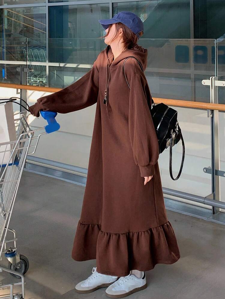 Women's Solid Color Minimalist Hooded Long Sleeve Thermal Lined Long Dress, Casual Everyday Wear Maxi Dress