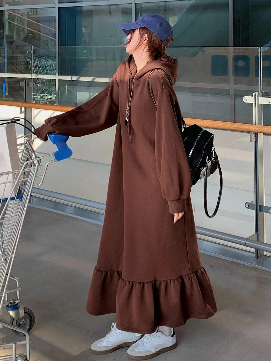 DAZY 女士纯色简约连帽长袖保暖长连衣裙，休闲日常穿着长款连衣裙 - 棕色 - 查看 1