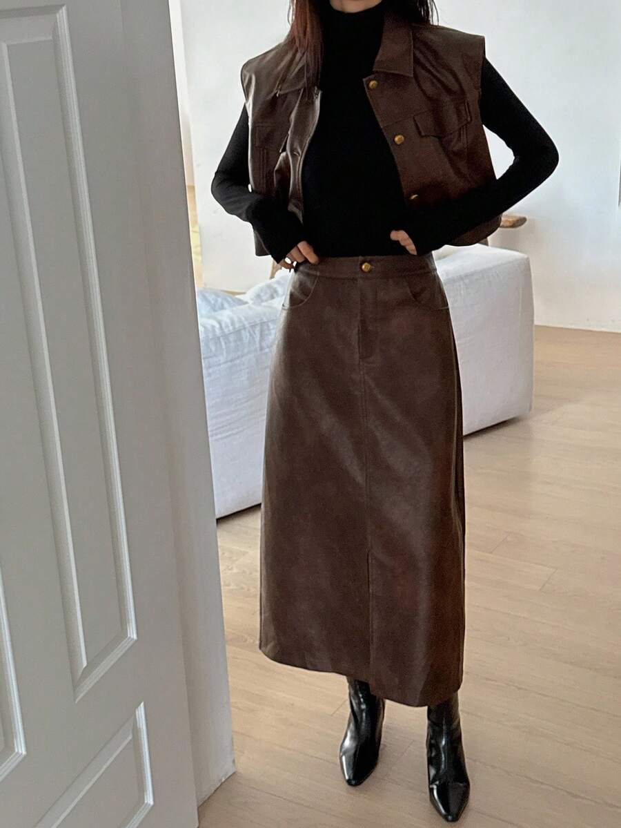 DAZY 女士秋冬PU皮单排扣背心和裙子两件套 - 咖啡棕 - 查看 1