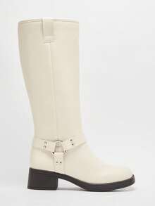 Solezae 女士冬季保暖时尚舒适粗跟中筒作战靴，带绑带和五金装饰 - 白色 - 查看 1