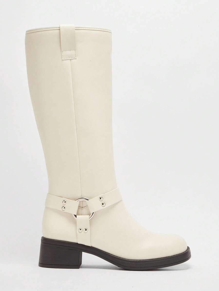 Solezae 女士冬季保暖时尚舒适粗跟中筒作战靴，带绑带和五金装饰 - 白色 - 查看 1