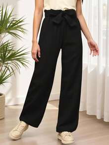 Teen Girl Solid Belted Wide Leg Pants - Black - View 5