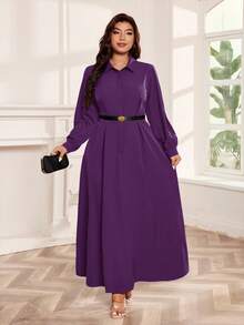 SHEIN Clasi Vestido de manga farol de unicolor elegante talla grande, adecuado para ir al trabajo - Morado - Ver 4