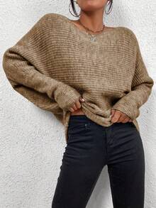 EMERY ROSE Women's Loose Bat Sleeve Pullover Sweater, Casual For Autumn - Khaki - View 6