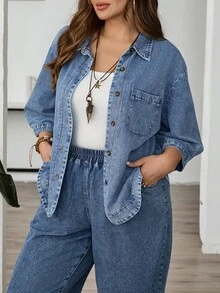 EMERY ROSE Plus Size Solid Color Casual Long Sleeve Denim Shirt,Travel, Commuting, Party, Vacation, Old Money Style, Shopping, Banquet, Elegant, Party, Date,Winter,Fall ,Autumn,Halloween,Christmas ,New Year,Thanksgiving, Party - Blue - View 9
