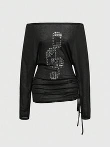 ROMWE Grunge Punk Spring/Summer Casual Black Graphic Punk Style Cross Rivet Off Shoulder Women Kpop Long Sleeve T-Shirt Top - Black - View 1