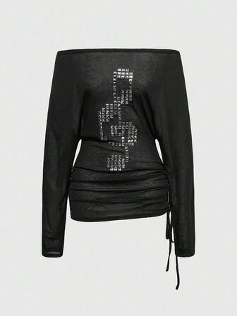 Grunge Punk Punk-Stil Kreuz Nieten Off-Shoulder Damen Kpop Langarm T-Shirt Top