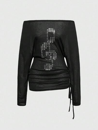 Grunge Punk Punk Style Cross Rivet Off Shoulder Women Kpop Long Sleeve T-Shirt Top