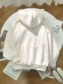 Franclia Women's Retro Minimalist Loose Oversized Drop Shoulder Embroidered Letter Pouch Pocket Fleece Hoodie, Autumn/Winter - Beige - View 2