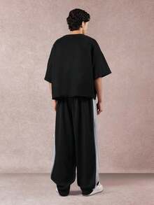 SUMWON Wide Leg Track Pants With Striped Side Panel Logo Patch Drawstring Waist Relaxed Fit Casual Streetwear Festival Winter Autumn - Black - View 4