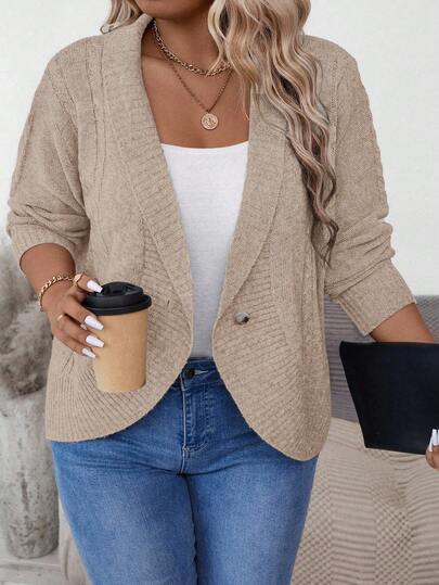 SHEIN Plus Size Women Solid Color Casual Loose Fit Long Sleeve Cardigan