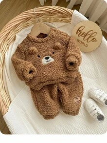 Newborn Baby Girl Cute Fluffy Cartoon Pattern Long Sleeve Sweatshirt Set, Autumn/Winter Fall - Brown - View 5