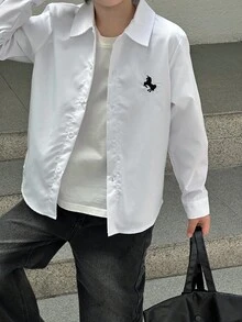 Mirajuku Tween Boy's Embroidered Horse Casual Loose Fit Long Sleeve Shirt, Spring Summer - White - View 7