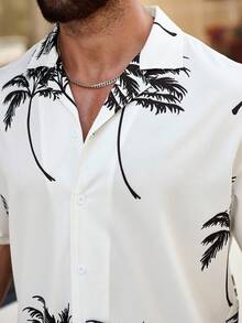 Manfinity RSRT 男士椰子樹印花落肩袖襯衫和短褲套裝 - 白色 - 查看 4