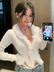 DAZY 女式流苏拼接V领开衫，秋季 - 米色 - 查看 8