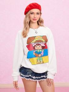 Strawberry Shortcake X SHEIN 男士休闲可爱卡通图案圆领运动衫，秋季 - 白色 - 查看 6